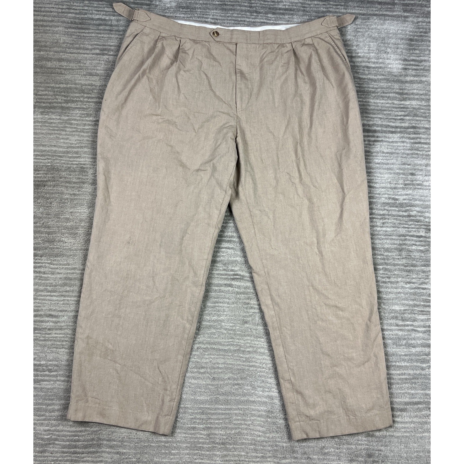 T Harris London Pants Mens 44x32 Brown Straight Leg Chino Pleated Casual